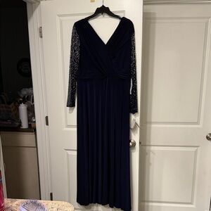 Betsy & Adam Navy Long Sleeve Dress with Embellished Sleeves